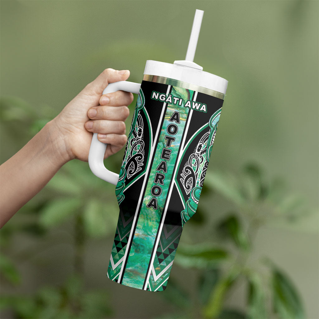 Aotearoa Ngati Awa Tumbler With Handle Maori Tribal Green Marble Paua Shell Pattern