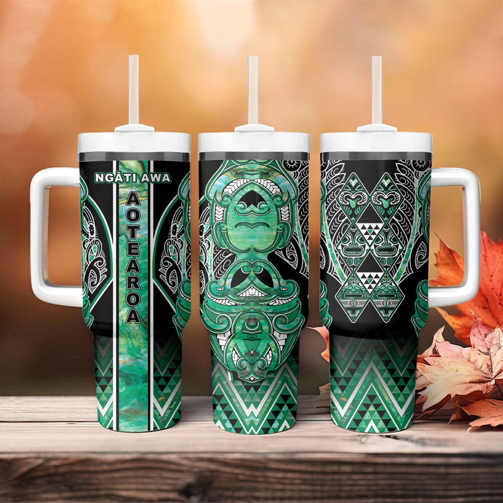 Aotearoa Ngati Awa Tumbler With Handle Maori Tribal Green Marble Paua Shell Pattern