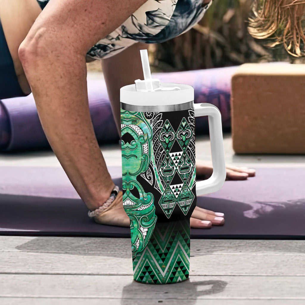 Aotearoa Ngati Awa Tumbler With Handle Maori Tribal Green Marble Paua Shell Pattern