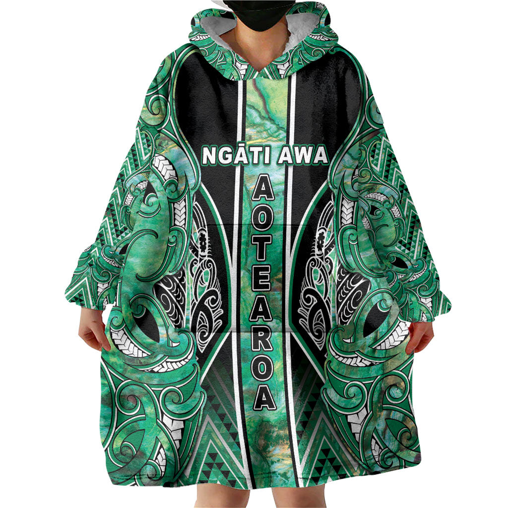 Aotearoa Ngati Awa Wearable Blanket Hoodie Maori Tribal Green Marble Paua Shell Pattern