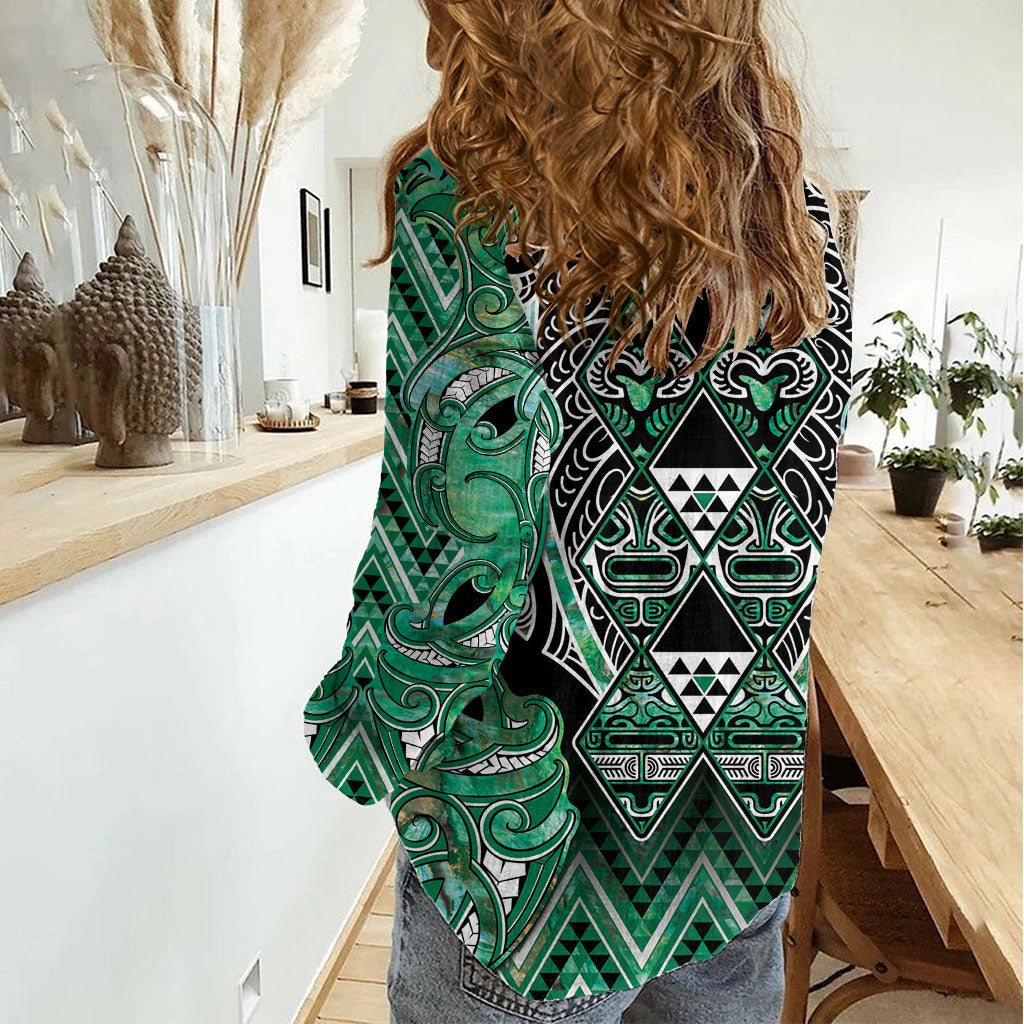 Aotearoa Ngati Awa Women Casual Shirt Maori Tribal Green Marble Paua Shell Pattern
