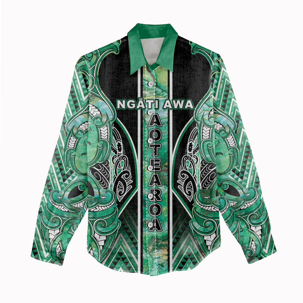 Aotearoa Ngati Awa Women Casual Shirt Maori Tribal Green Marble Paua Shell Pattern