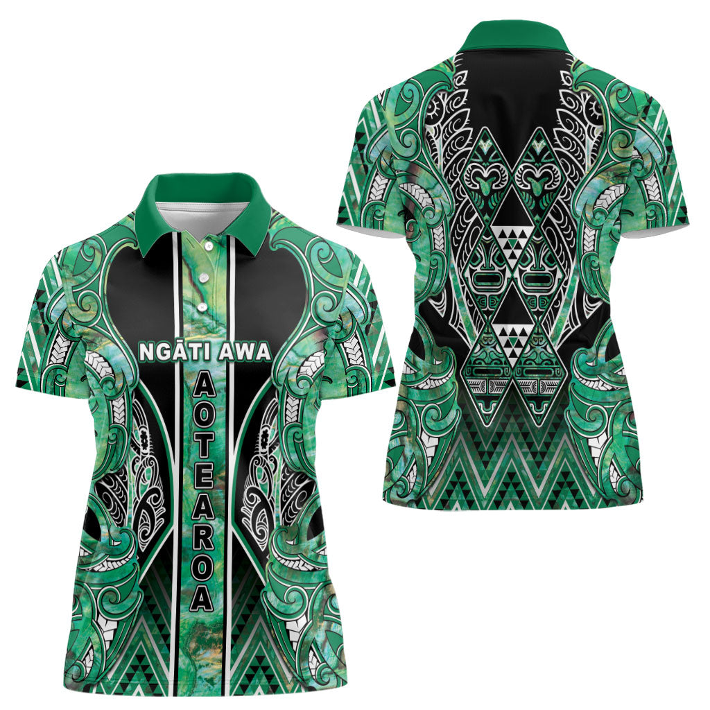 Aotearoa Ngati Awa Women Polo Shirt Maori Tribal Green Marble Paua Shell Pattern