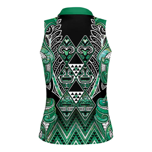 Aotearoa Ngati Awa Women Sleeveless Polo Shirt Maori Tribal Green Marble Paua Shell Pattern