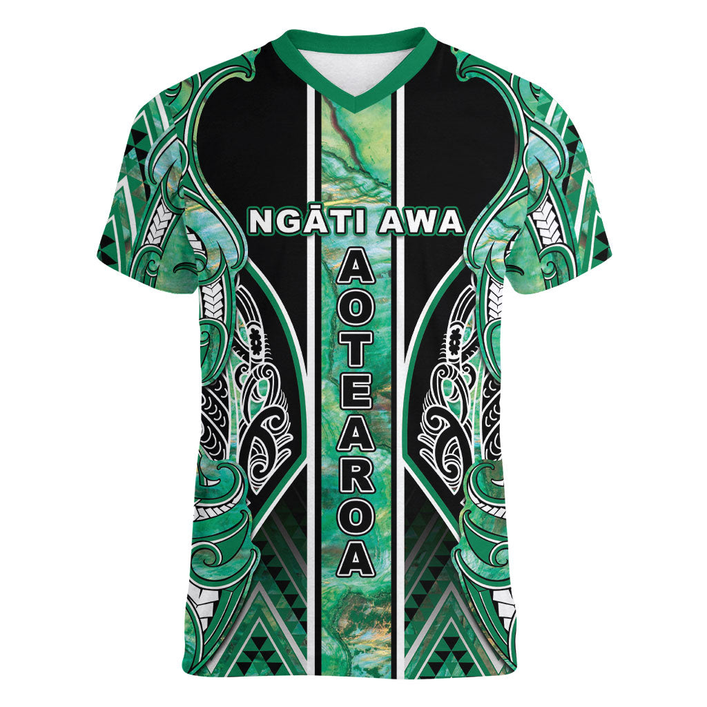 Aotearoa Ngati Awa Women V-Neck T-Shirt Maori Tribal Green Marble Paua Shell Pattern