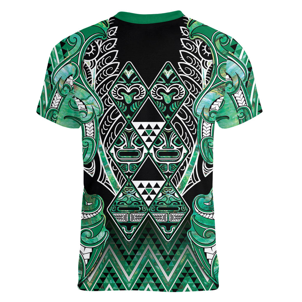 Aotearoa Ngati Awa Women V-Neck T-Shirt Maori Tribal Green Marble Paua Shell Pattern