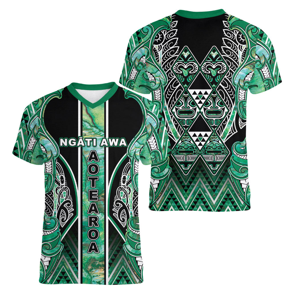 Aotearoa Ngati Awa Women V-Neck T-Shirt Maori Tribal Green Marble Paua Shell Pattern