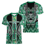 Aotearoa Ngati Awa Women V-Neck T-Shirt Maori Tribal Green Marble Paua Shell Pattern