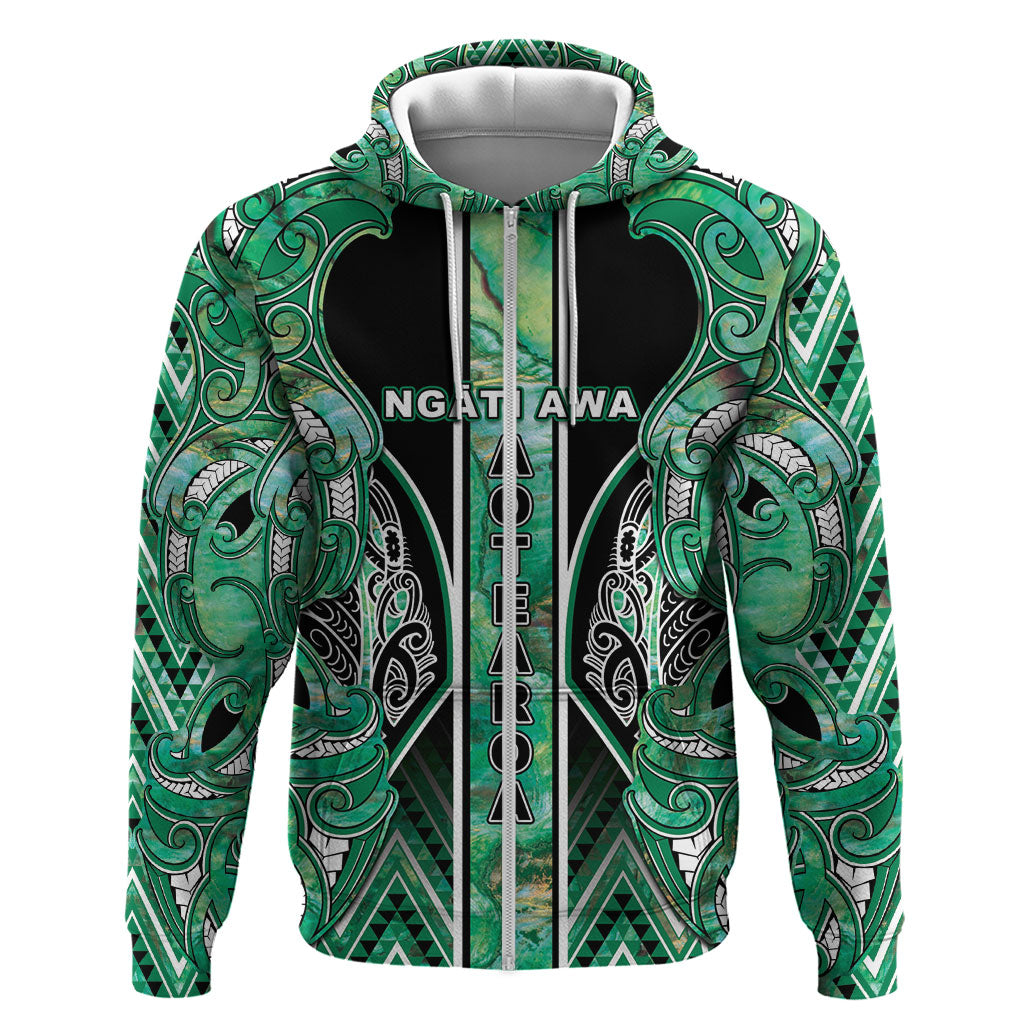 Aotearoa Ngati Awa Zip Hoodie Maori Tribal Green Marble Paua Shell Pattern