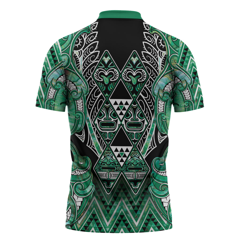 Aotearoa Ngati Awa Zipper Polo Shirt Maori Tribal Green Marble Paua Shell Pattern
