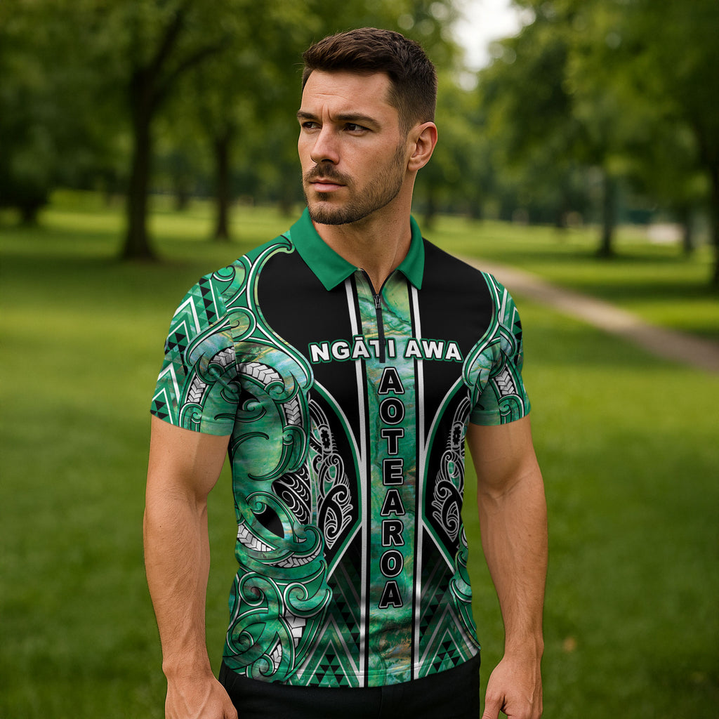 Aotearoa Ngati Awa Zipper Polo Shirt Maori Tribal Green Marble Paua Shell Pattern