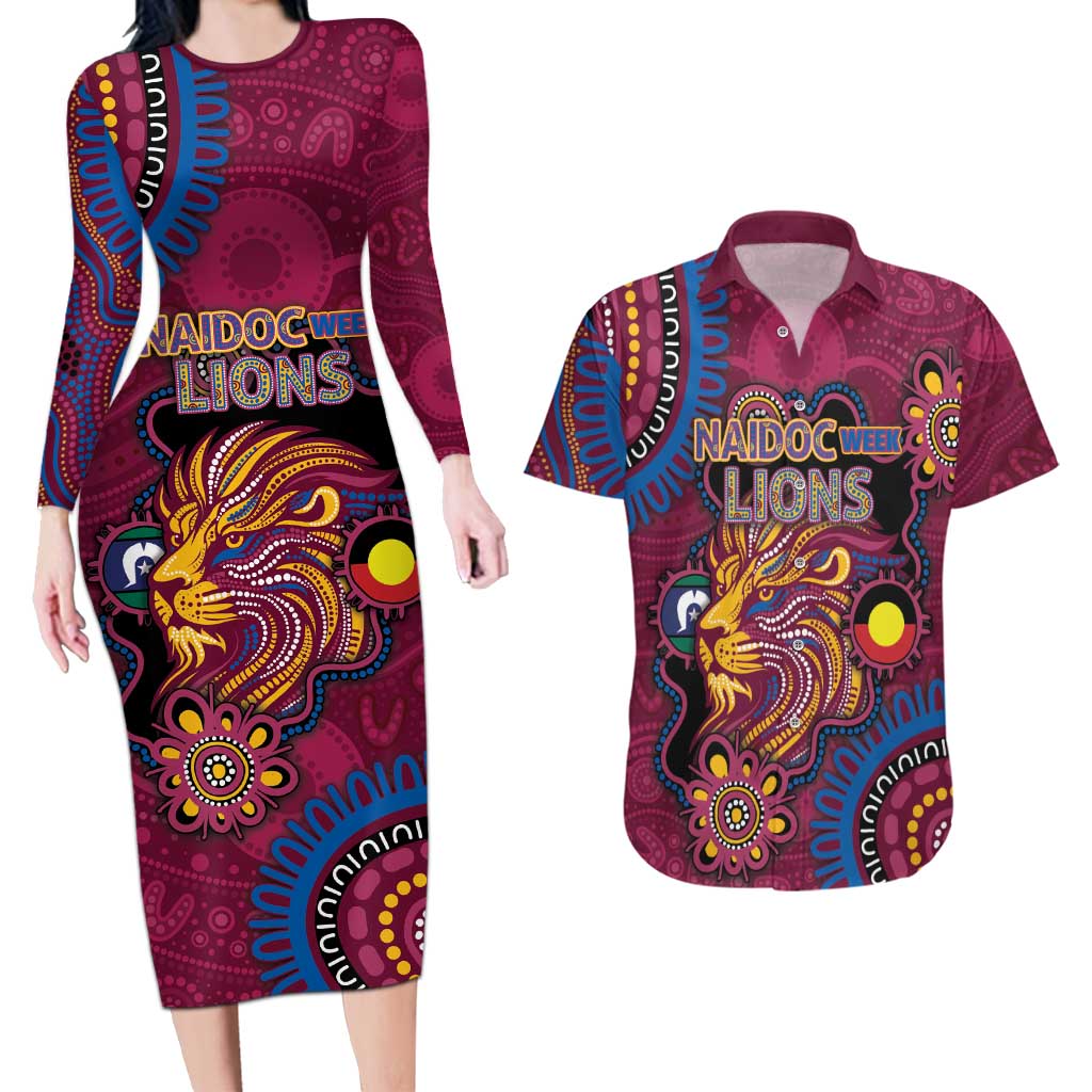 Custom NAIDOC Week Brisbane Lions Couples Matching Long Sleeve Bodycon Dress and Hawaiian Shirt Australian Aboriginal Art