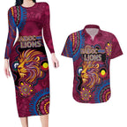 Custom NAIDOC Week Brisbane Lions Couples Matching Long Sleeve Bodycon Dress and Hawaiian Shirt Australian Aboriginal Art