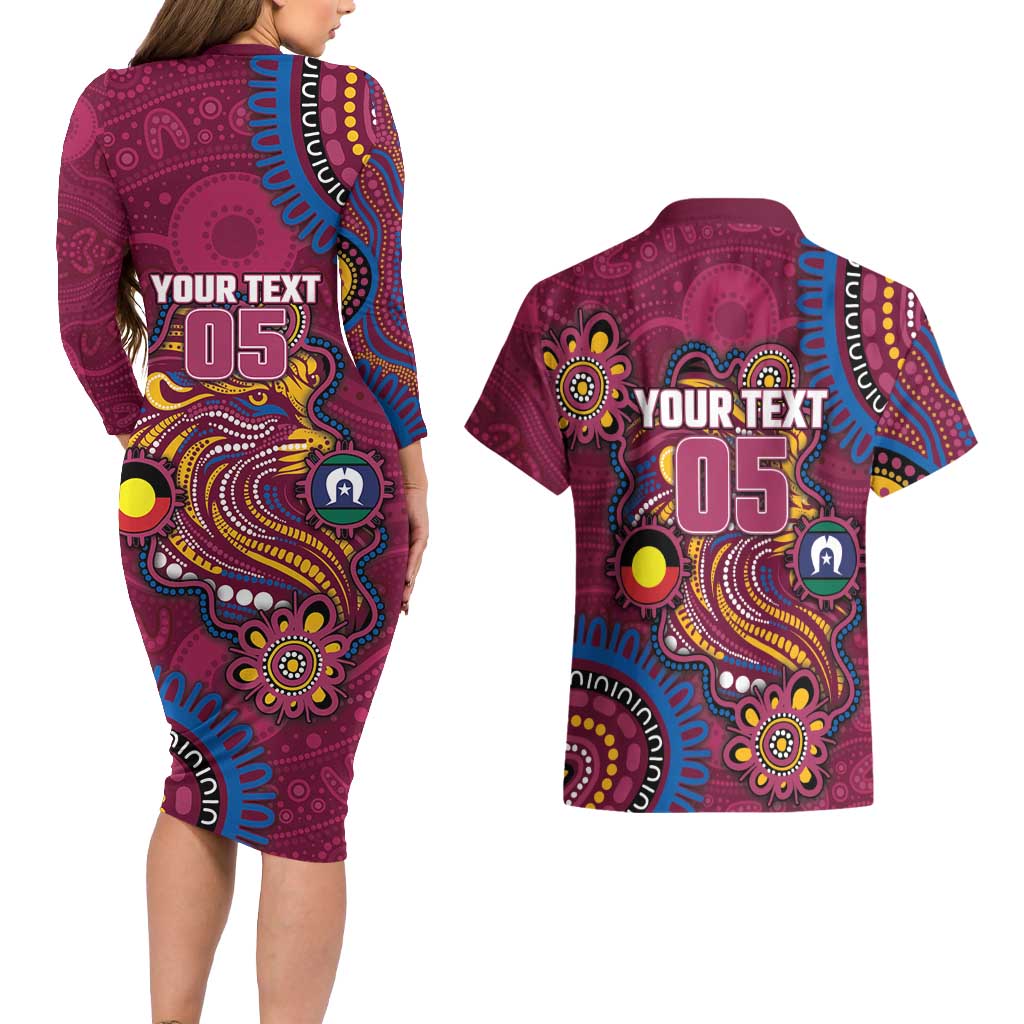 Custom NAIDOC Week Brisbane Lions Couples Matching Long Sleeve Bodycon Dress and Hawaiian Shirt Australian Aboriginal Art