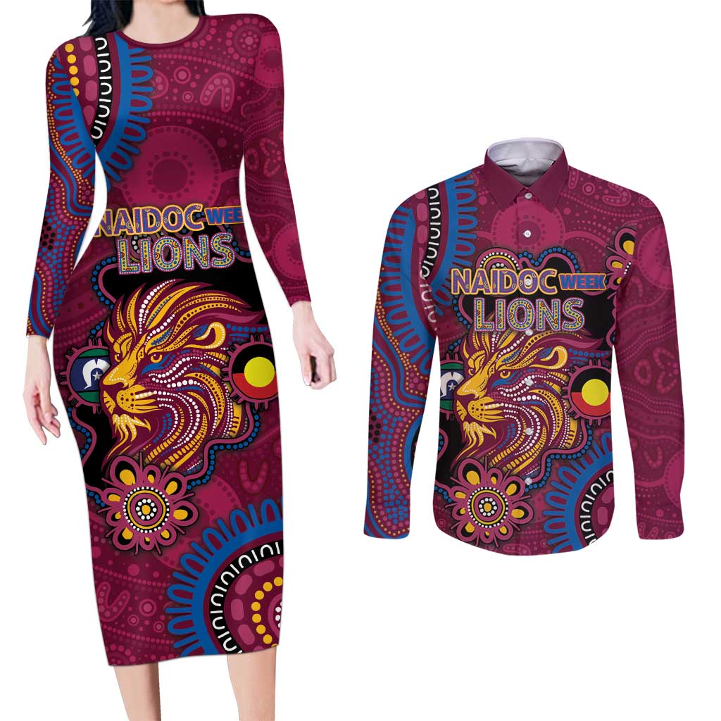 Custom NAIDOC Week Brisbane Lions Couples Matching Long Sleeve Bodycon Dress and Long Sleeve Button Shirt Australian Aboriginal Art