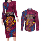 Custom NAIDOC Week Brisbane Lions Couples Matching Long Sleeve Bodycon Dress and Long Sleeve Button Shirt Australian Aboriginal Art