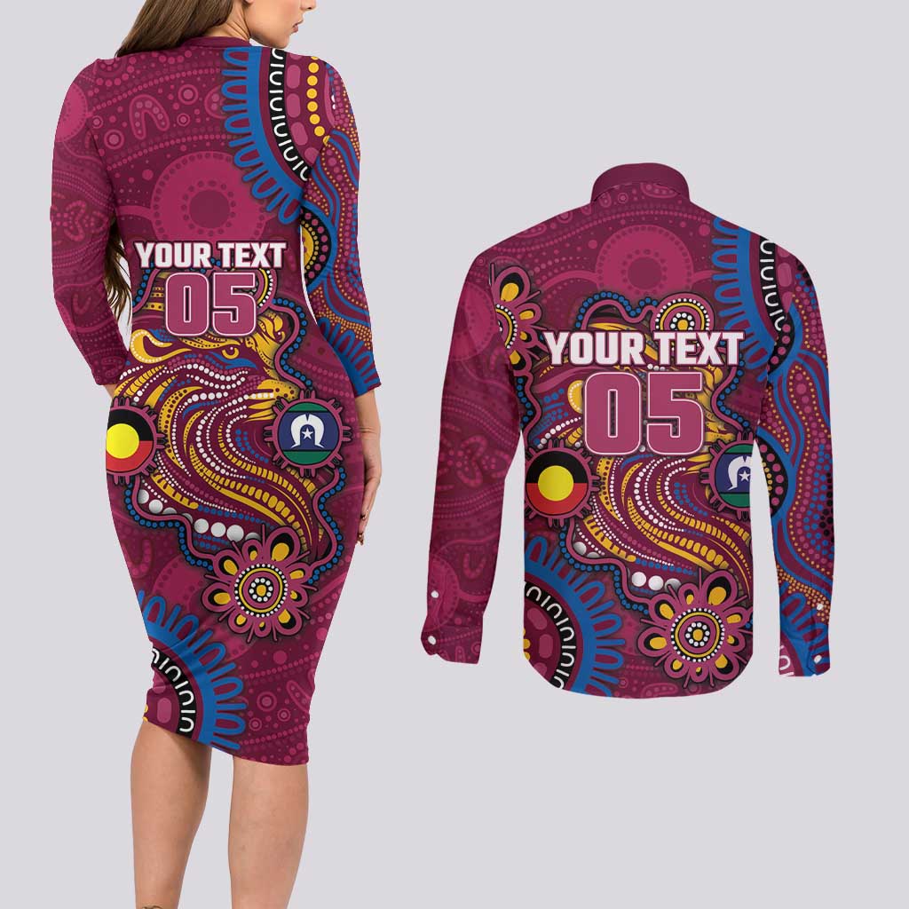 Custom NAIDOC Week Brisbane Lions Couples Matching Long Sleeve Bodycon Dress and Long Sleeve Button Shirt Australian Aboriginal Art