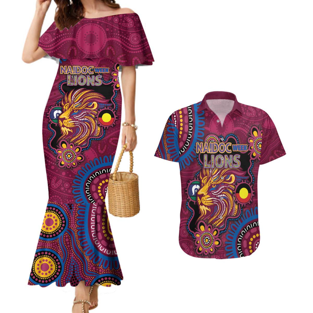 Custom NAIDOC Week Brisbane Lions Couples Matching Mermaid Dress and Hawaiian Shirt Australian Aboriginal Art