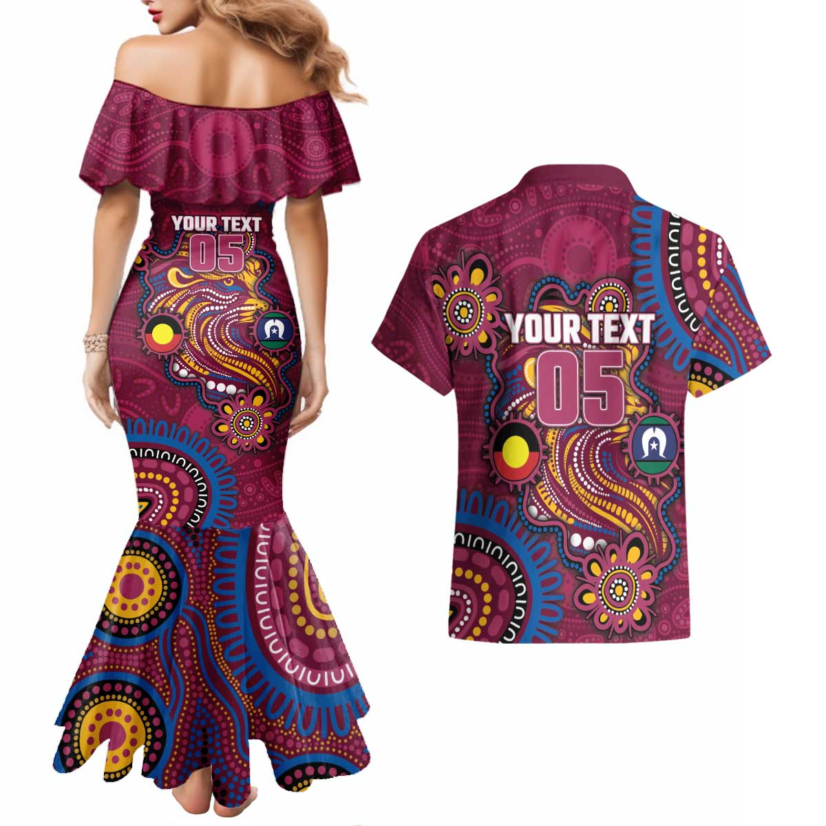 Custom NAIDOC Week Brisbane Lions Couples Matching Mermaid Dress and Hawaiian Shirt Australian Aboriginal Art