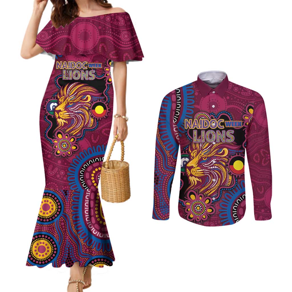 Custom NAIDOC Week Brisbane Lions Couples Matching Mermaid Dress and Long Sleeve Button Shirt Australian Aboriginal Art