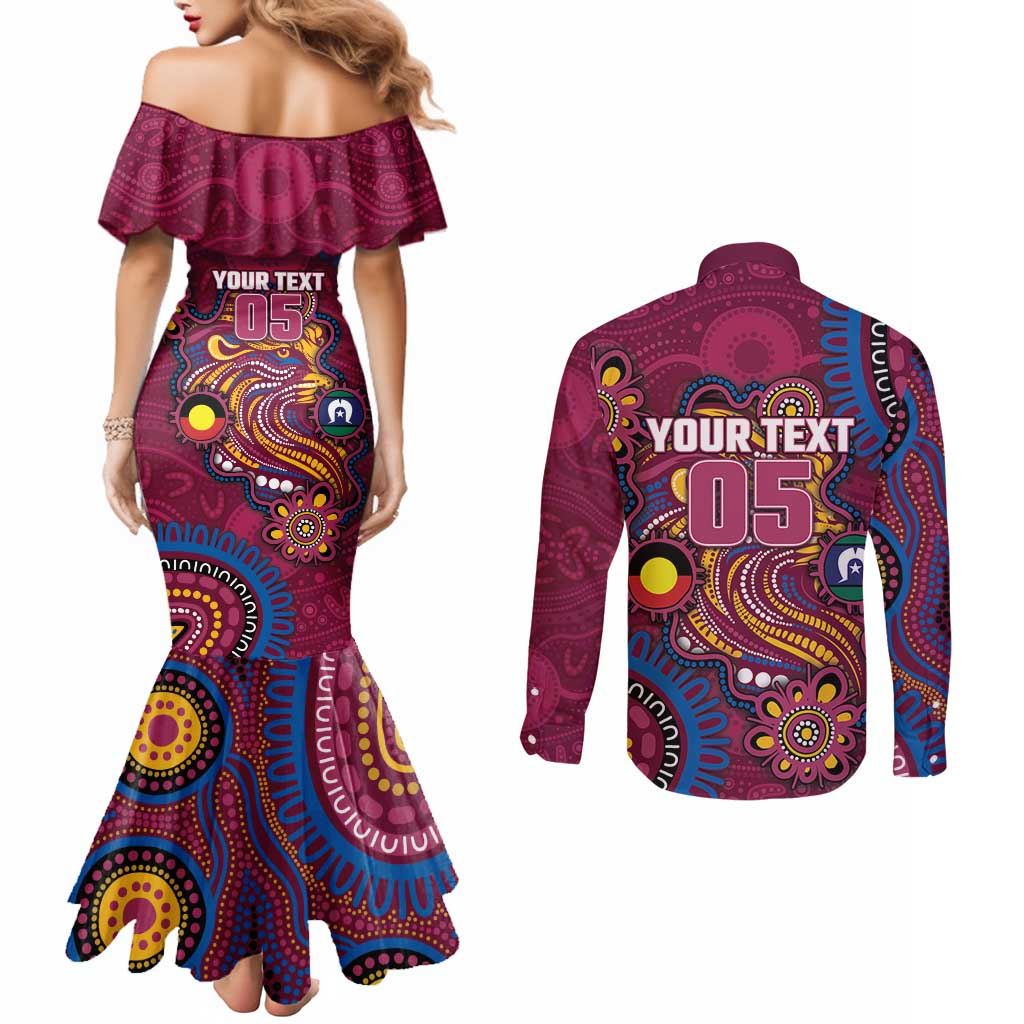 Custom NAIDOC Week Brisbane Lions Couples Matching Mermaid Dress and Long Sleeve Button Shirt Australian Aboriginal Art
