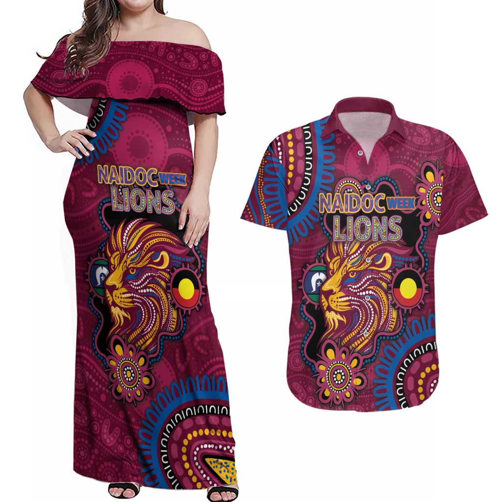 Custom NAIDOC Week Brisbane Lions Couples Matching Off Shoulder Maxi Dress and Hawaiian Shirt Australian Aboriginal Art