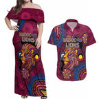 Custom NAIDOC Week Brisbane Lions Couples Matching Off Shoulder Maxi Dress and Hawaiian Shirt Australian Aboriginal Art