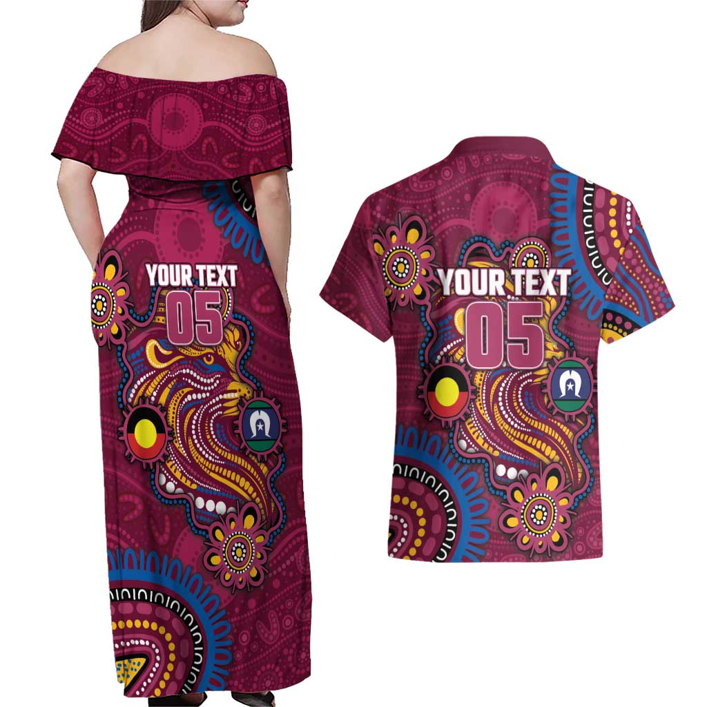 Custom NAIDOC Week Brisbane Lions Couples Matching Off Shoulder Maxi Dress and Hawaiian Shirt Australian Aboriginal Art