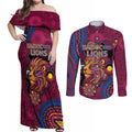 Custom NAIDOC Week Brisbane Lions Couples Matching Off Shoulder Maxi Dress and Long Sleeve Button Shirt Australian Aboriginal Art