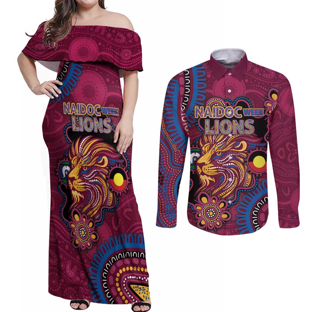 Custom NAIDOC Week Brisbane Lions Couples Matching Off Shoulder Maxi Dress and Long Sleeve Button Shirt Australian Aboriginal Art