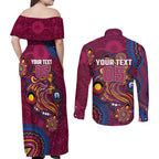 Custom NAIDOC Week Brisbane Lions Couples Matching Off Shoulder Maxi Dress and Long Sleeve Button Shirt Australian Aboriginal Art