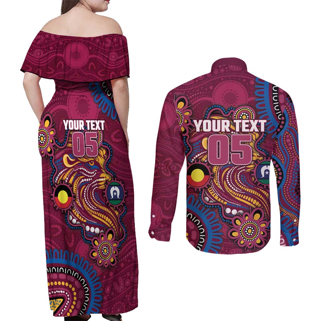 Custom NAIDOC Week Brisbane Lions Couples Matching Off Shoulder Maxi Dress and Long Sleeve Button Shirt Australian Aboriginal Art