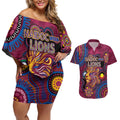 Custom NAIDOC Week Brisbane Lions Couples Matching Off Shoulder Short Dress and Hawaiian Shirt Australian Aboriginal Art
