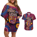Custom NAIDOC Week Brisbane Lions Couples Matching Off Shoulder Short Dress and Hawaiian Shirt Australian Aboriginal Art