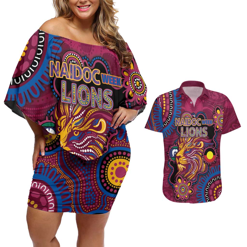 Custom NAIDOC Week Brisbane Lions Couples Matching Off Shoulder Short Dress and Hawaiian Shirt Australian Aboriginal Art