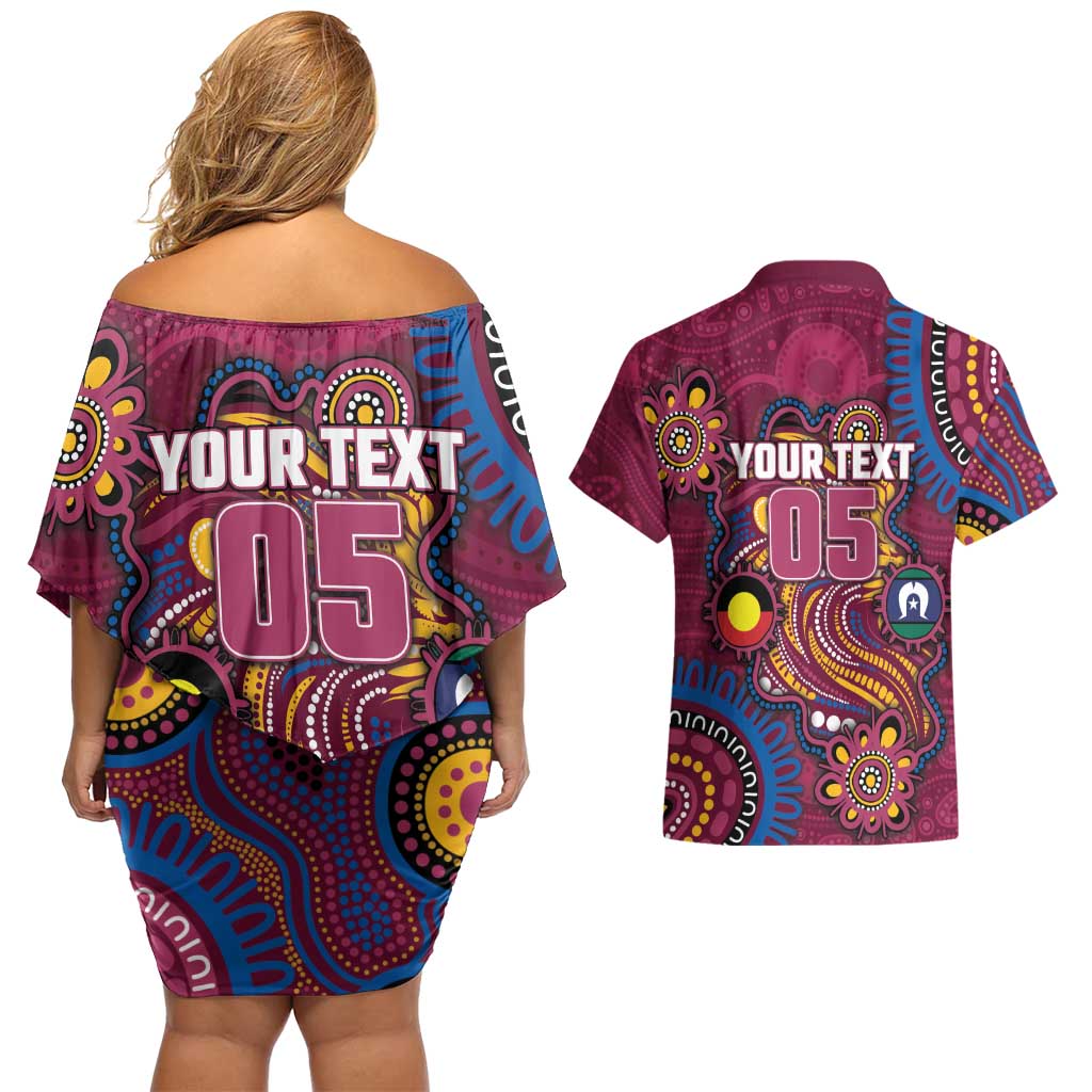 Custom NAIDOC Week Brisbane Lions Couples Matching Off Shoulder Short Dress and Hawaiian Shirt Australian Aboriginal Art