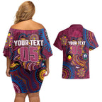 Custom NAIDOC Week Brisbane Lions Couples Matching Off Shoulder Short Dress and Hawaiian Shirt Australian Aboriginal Art
