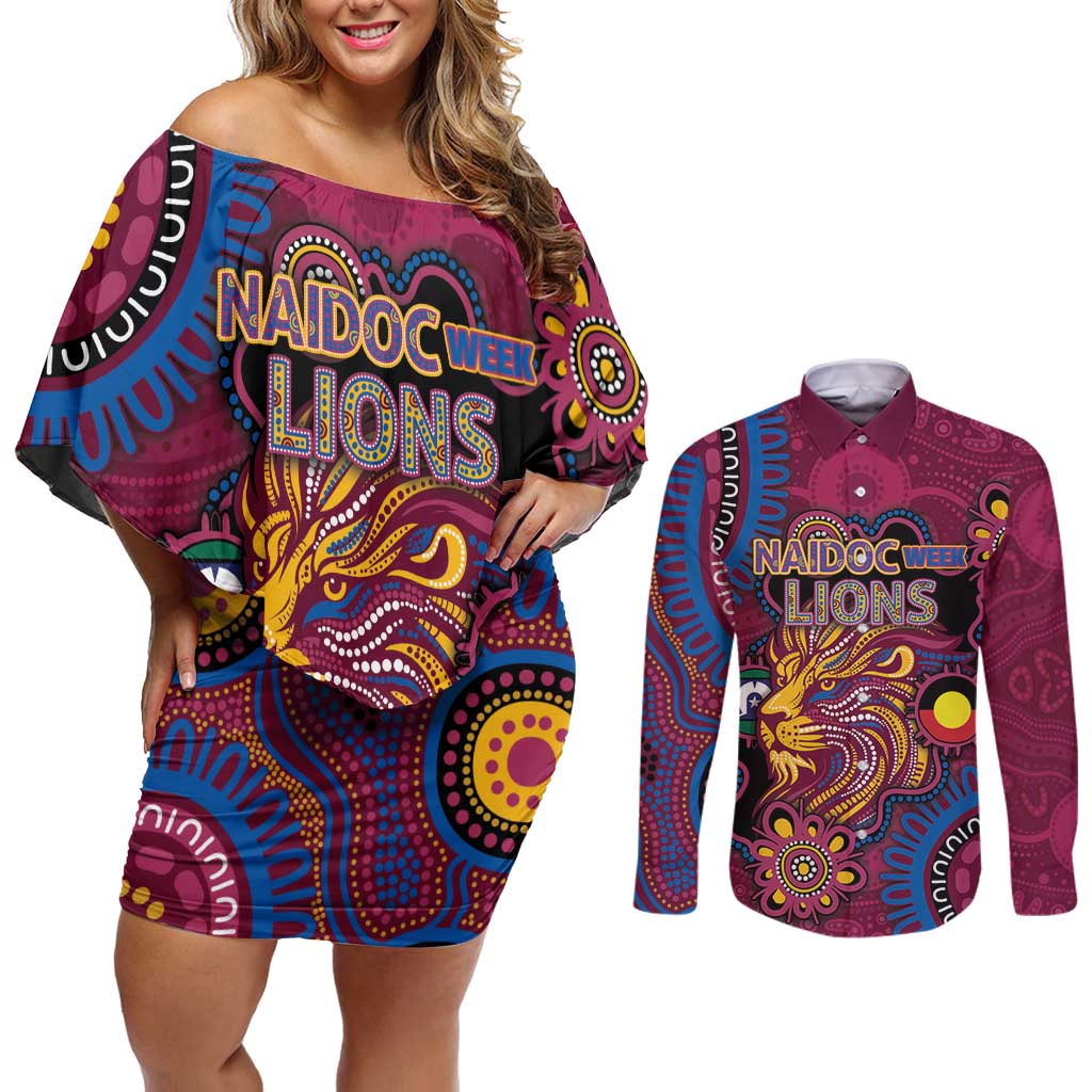 Custom NAIDOC Week Brisbane Lions Couples Matching Off Shoulder Short Dress and Long Sleeve Button Shirt Australian Aboriginal Art