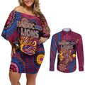 Custom NAIDOC Week Brisbane Lions Couples Matching Off Shoulder Short Dress and Long Sleeve Button Shirt Australian Aboriginal Art