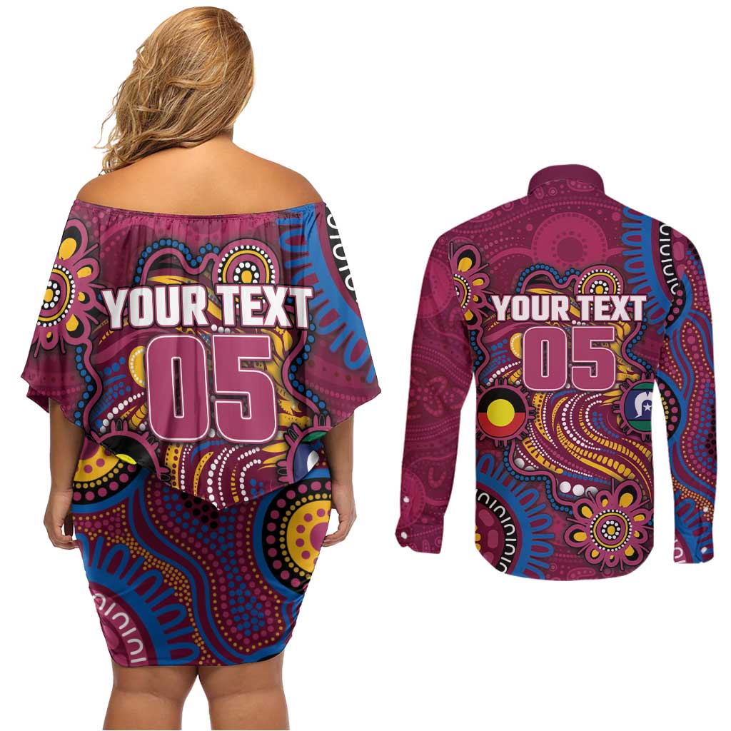 Custom NAIDOC Week Brisbane Lions Couples Matching Off Shoulder Short Dress and Long Sleeve Button Shirt Australian Aboriginal Art
