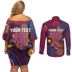 Custom NAIDOC Week Brisbane Lions Couples Matching Off Shoulder Short Dress and Long Sleeve Button Shirt Australian Aboriginal Art