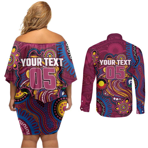 Custom NAIDOC Week Brisbane Lions Couples Matching Off Shoulder Short Dress and Long Sleeve Button Shirt Australian Aboriginal Art