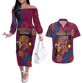 Custom NAIDOC Week Brisbane Lions Couples Matching Off The Shoulder Long Sleeve Dress and Hawaiian Shirt Australian Aboriginal Art