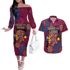 Custom NAIDOC Week Brisbane Lions Couples Matching Off The Shoulder Long Sleeve Dress and Hawaiian Shirt Australian Aboriginal Art