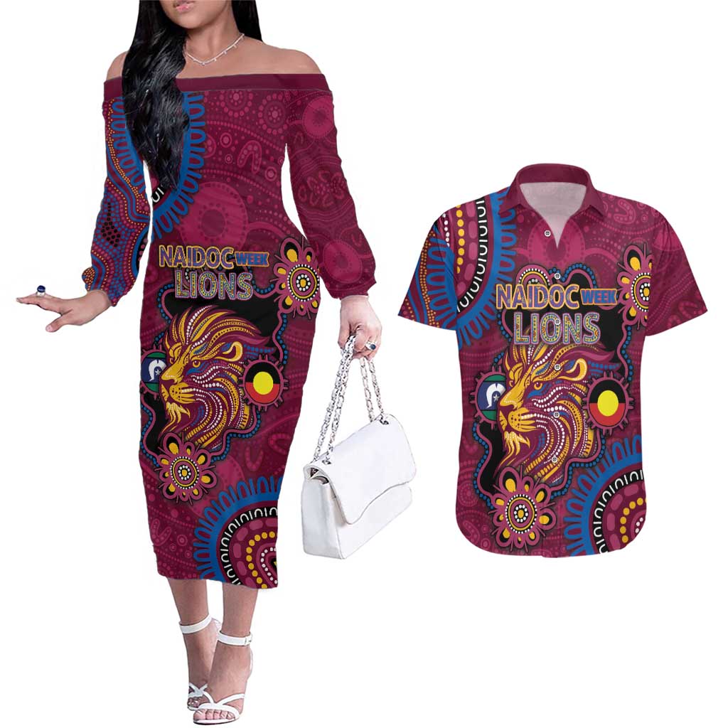 Custom NAIDOC Week Brisbane Lions Couples Matching Off The Shoulder Long Sleeve Dress and Hawaiian Shirt Australian Aboriginal Art