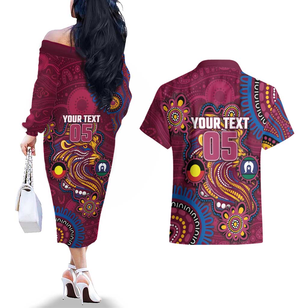 Custom NAIDOC Week Brisbane Lions Couples Matching Off The Shoulder Long Sleeve Dress and Hawaiian Shirt Australian Aboriginal Art