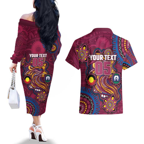 Custom NAIDOC Week Brisbane Lions Couples Matching Off The Shoulder Long Sleeve Dress and Hawaiian Shirt Australian Aboriginal Art