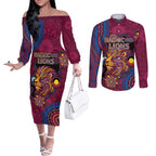 Custom NAIDOC Week Brisbane Lions Couples Matching Off The Shoulder Long Sleeve Dress and Long Sleeve Button Shirt Australian Aboriginal Art