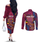 Custom NAIDOC Week Brisbane Lions Couples Matching Off The Shoulder Long Sleeve Dress and Long Sleeve Button Shirt Australian Aboriginal Art