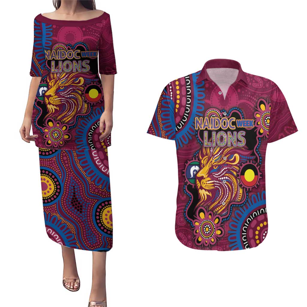 Custom NAIDOC Week Brisbane Lions Couples Matching Puletasi and Hawaiian Shirt Australian Aboriginal Art